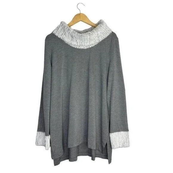Cato Womens Size XL Gray Long Sleeve Top Off White Faux Fur Cowl Neck & Wrist - Picture 1 of 10